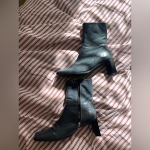 Blue grey mid calf boots with a square toe
